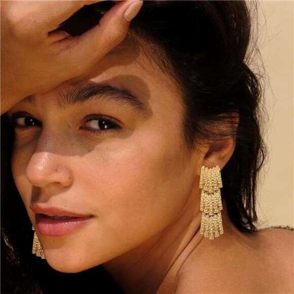 Chunky 14K Gold Plated Hammered Earrings โ Lightweight Brass Dangle Drop Earring - Picture 1 of 5